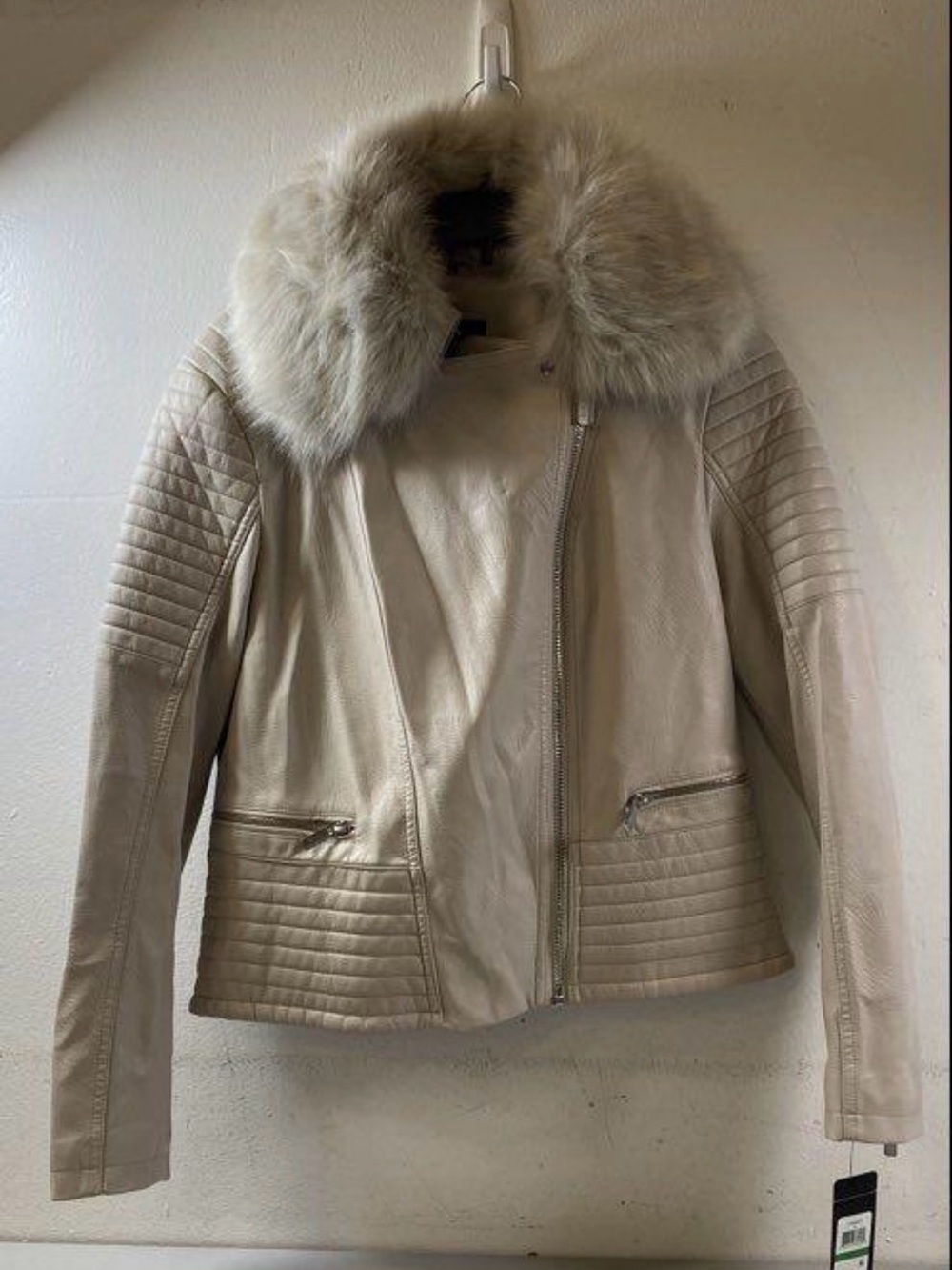 GUESS Cream Leather Jacket with Faux Fur Collar